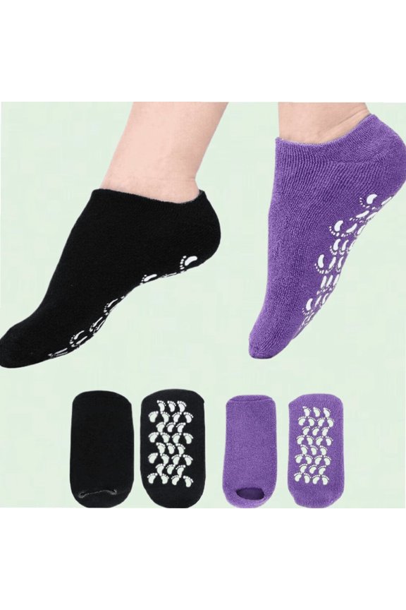 2 Pairs Moisturizing Gel Socks for Dry Cracked Feet - Black & Purple Foot Care Set