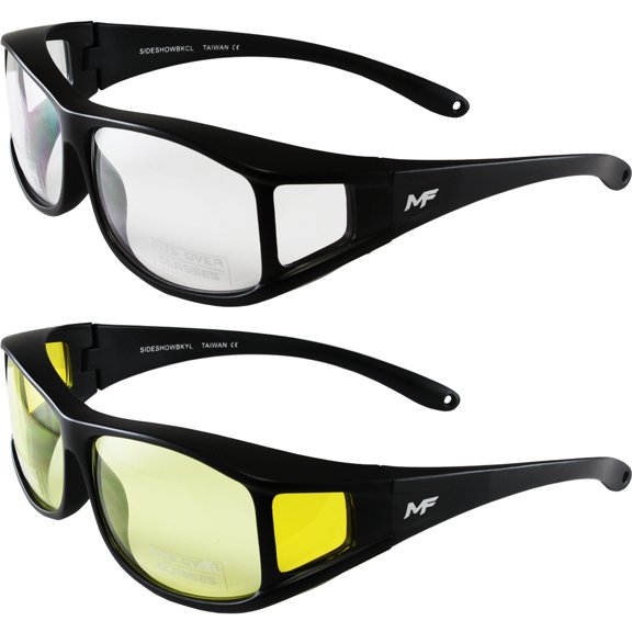 2 Pairs MotoFrames Sideshow Motorcycle Sunglasses Black Frames Clear Lens + Yellow Lens
