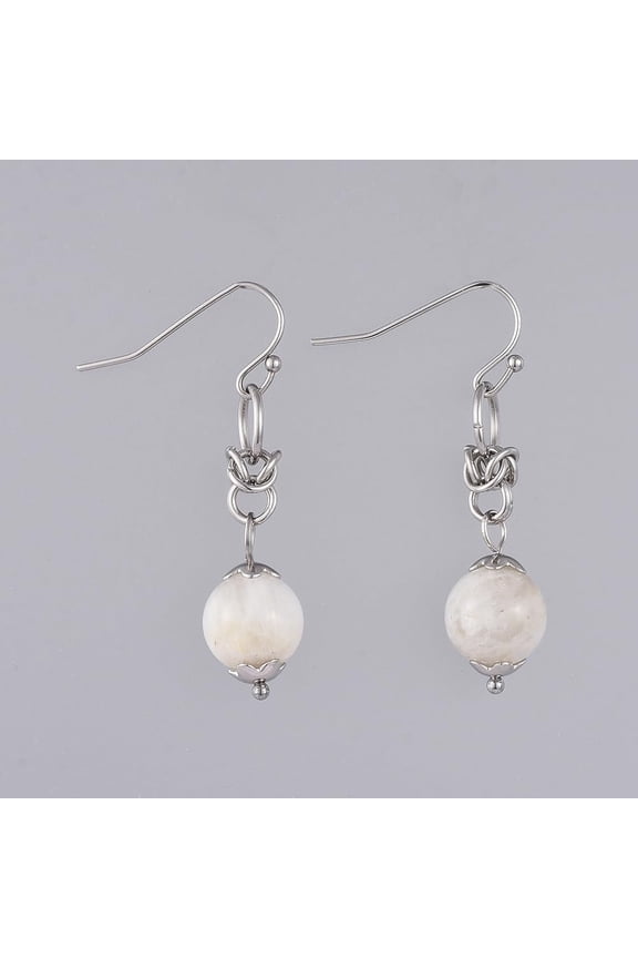 2 Pairs Natural White Moonstone Dangle Earrings with 304 Stainless Steel Flower Bead Caps Stainless Steel Earring Hooks Drop Dangle Earring for Women Jewelry Gift diy
