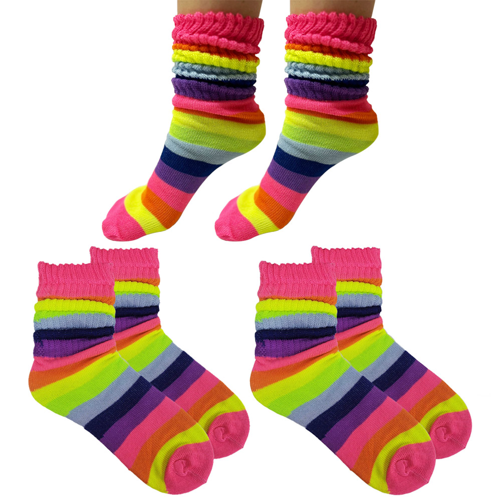2 Pairs Neon Slouch Socks Rainbow Colorful Cotton Plush Soft Scrunch ...
