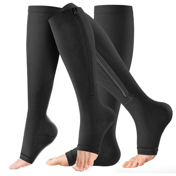 2 Pairs Of Zipper Compression Socks Knee High Men & Women - 15-20mmhg Open Toe Compression Socks, Suit for Walking,Running