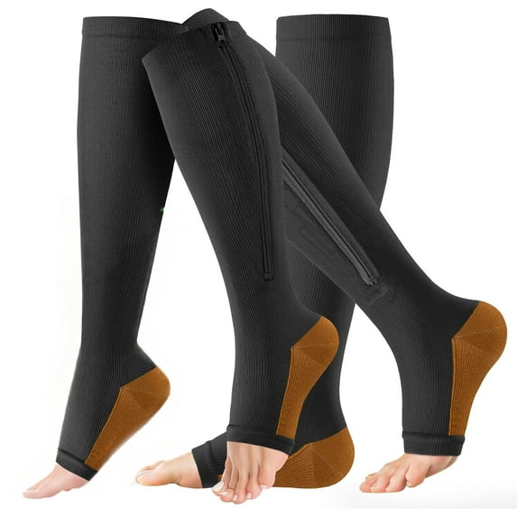 2 Pairs Of Zipper Compression Socks Knee High Men & Women - 15-20mmhg Open Toe Compression Socks, Suit for Walking,Running