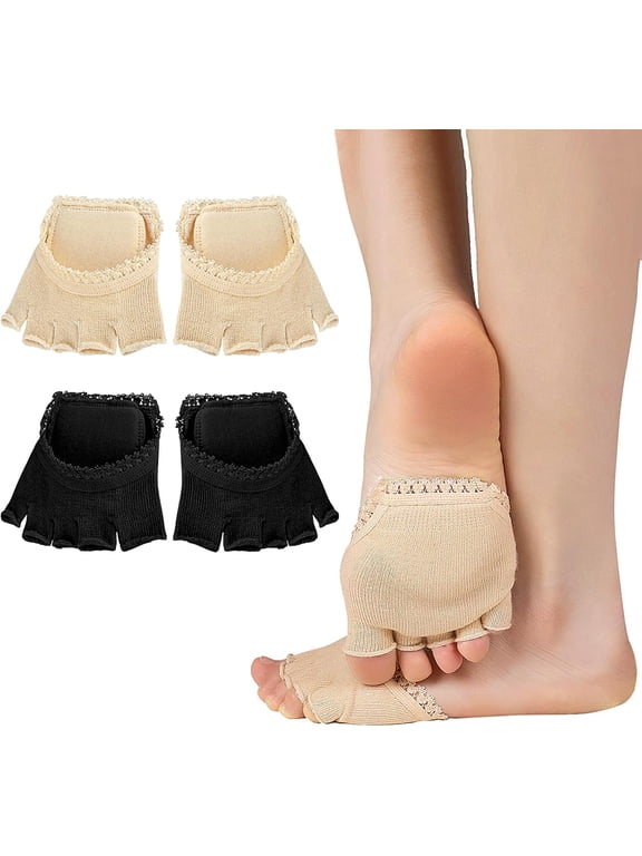 2 Pairs Open Five Toe Socks Forefoot Pads Half Socks Women Lace Toeless Socks Peep Toe Socks Invisible Toe Topper Socks Anti Slip No Show Socks for High Heels Sandals Flat Shoes