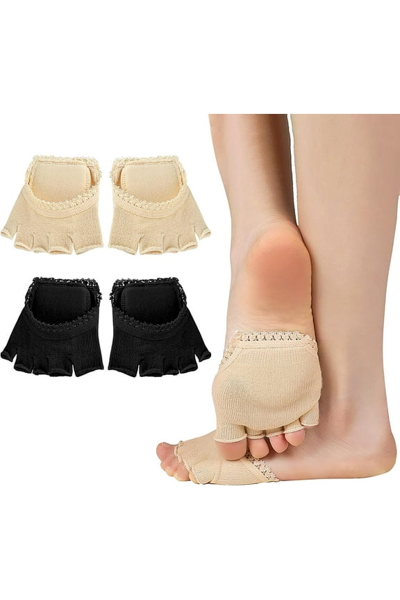 2 Pairs Open Five Toe Socks Forefoot Pads Half Socks Women Lace Toeless Socks Peep Toe Socks Invisible Toe Topper Socks Anti Slip No Show Socks for High Heels Sandals Flat Shoes