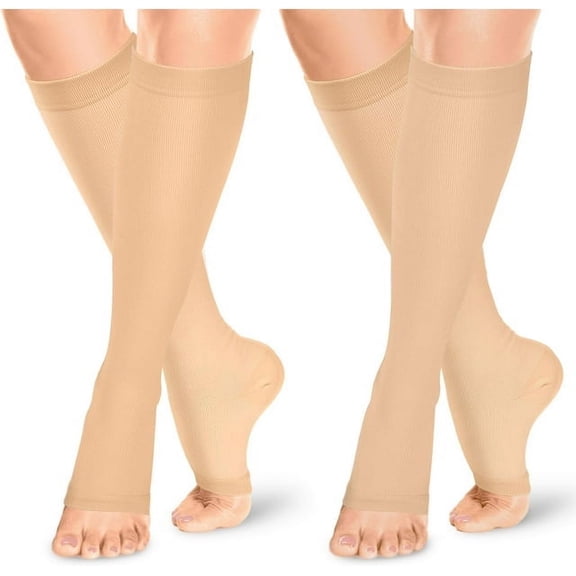 2 Pairs Open Toe Compression Socks for Women & Men Toeless Socks Circulation 15-20 mmHg is Best Support for All Day Wear Beige&Black