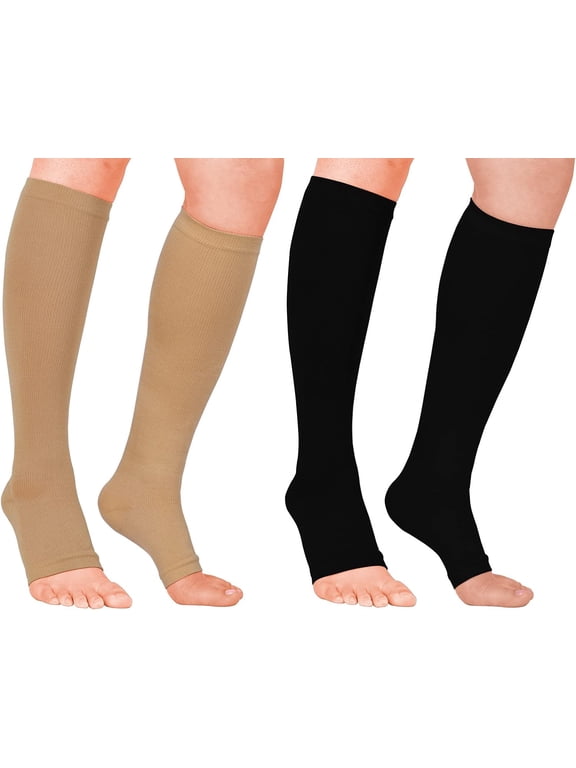 2 Pairs Open Toe Compression Socks for Women & Men Toeless Socks Circulation 15-20 mmHg is Best Support for All Day Wear Beige&Black
