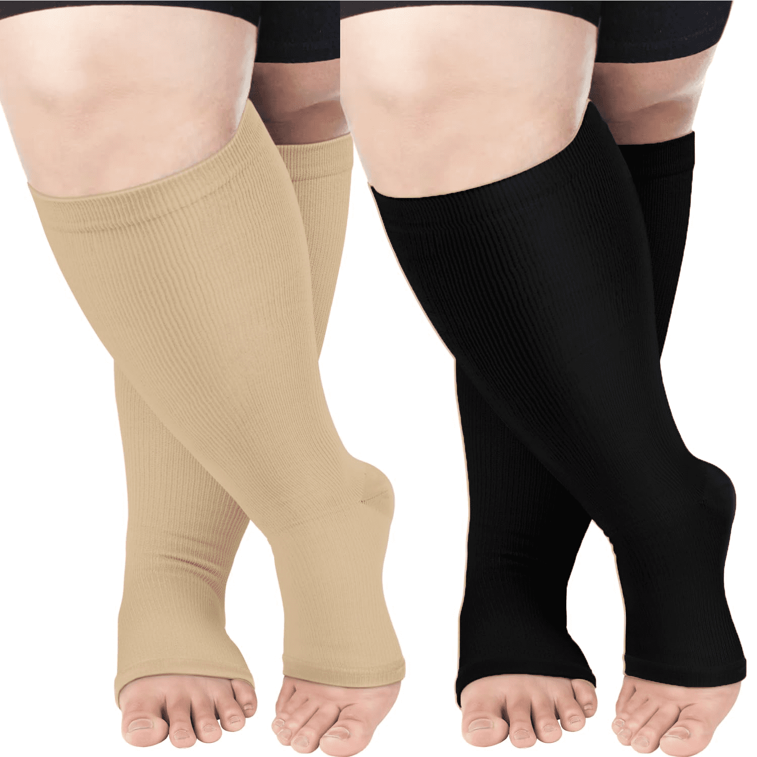 2 Pairs Open Toe Copper Compression Socks for Plus Size Women & Men