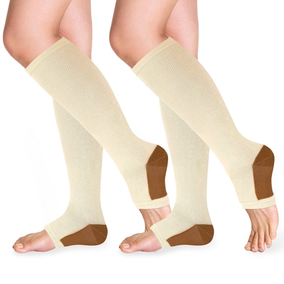 2 Pairs Open Toe Copper Compression Socks for Women & Men Circulation 15-20 mmhg - Better Blood Flow, Swelling, Best Support for Medical, Running, Nursing