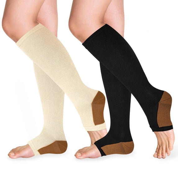 2 Pairs Open Toe Copper Compression Socks for Women & Men Circulation 15-20 mmhg - Better Blood Flow, Swelling, Best Support for Medical, Running, Nursing