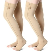 2 Pairs Open Toe Thigh High Zipper Compression Socks 20-30 Mmhg Zipper Compression Stockings Thigh High for Women Men