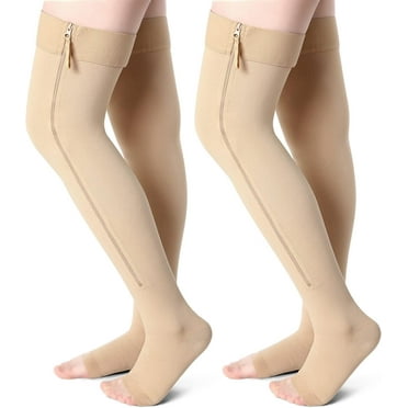 2 Pairs Open Toe Thigh High Zipper Compression Socks 20-30 Mmhg Zipper Compression Stockings Thigh High for Women Men