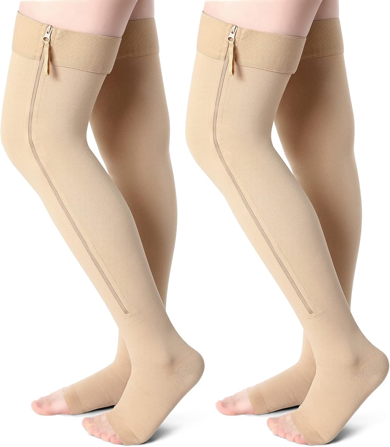 2 Pairs Open Toe Thigh High Zipper Compression Socks 20-30 Mmhg Zipper Compression Stockings Thigh High for Women Men