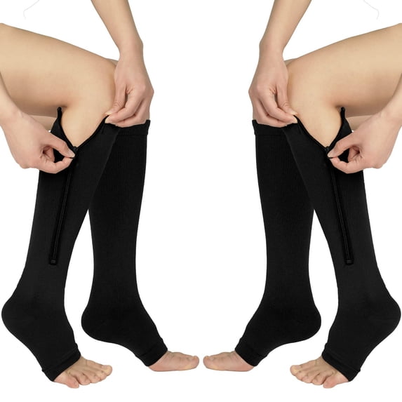 2 Pairs Open Toe Zipper Copper Compression Socks for Women & Men Circulation 15-20 mmhg - Better Blood Flow, Swelling, Best Support for Medical, Running, Nursing