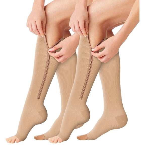 2 Pairs Open Toe Zipper Copper Compression Socks for Women & Men Circulation 15-26 mmHg - Better Blood Flow, Swelling , Best Support for Medical, Running, Nursing