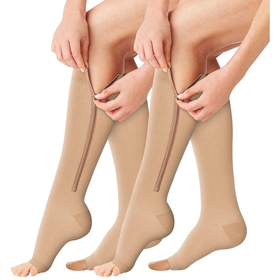 2 Pairs Open Toe Zipper Copper Compression Socks for Women & Men Circulation 15-26 mmHg - Better Flow, Swelling , Support for Medical, Running, Nursing