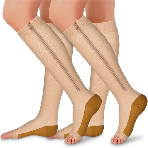 2 Pairs Open Toe Zipper Copper Compression Socks for Women & Men Circulation 15-20 mmHg is Best Support for Athletic Running Cycling, Nursing, Travel