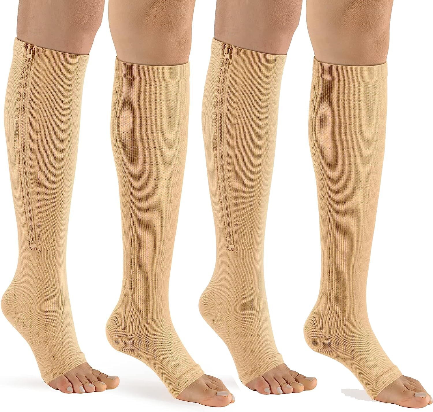 2 Pairs Open Toe Zipper Medical Sport Copper Compression Socks With Antislip Silicone for Women