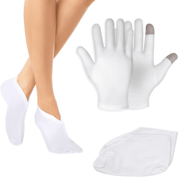 2 Pairs Overnight Moisturizing Socks and Gloves White Cotton Sleeping Lotion Spa Gloves Thicker Socks Bedtime Treatment Gloves for Repair Rough Cracked Dry Chapped Hands Skin By HYG