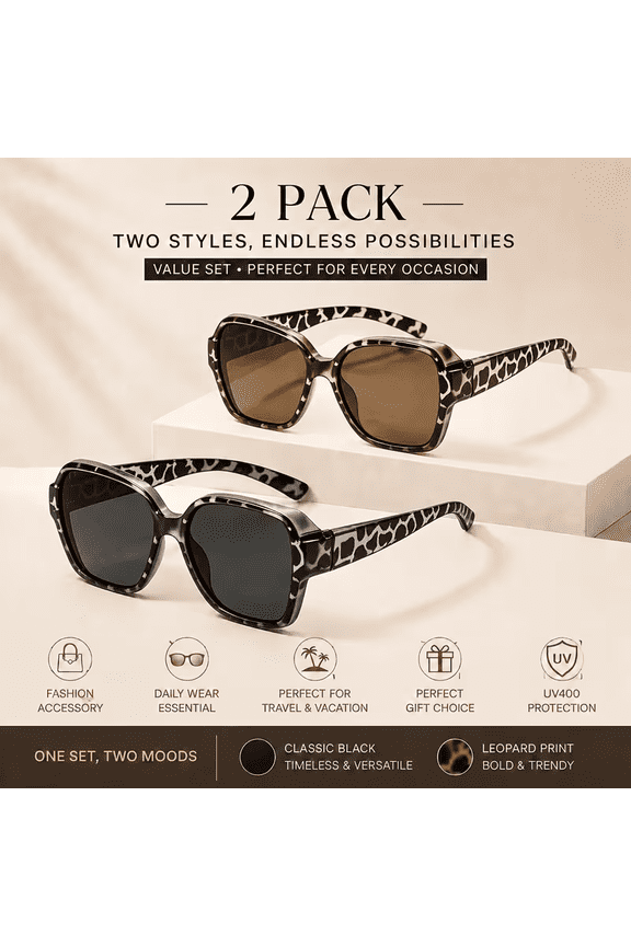 2 Pairs Oversized Polarized Sunglasses, Fit Over Fashion Eyeglasses for Men & Women. Ideal for Driving, Parties, Daily Wear and Photo Props. Perfect Gift for Birthdays, Valentines Day and Christmas.