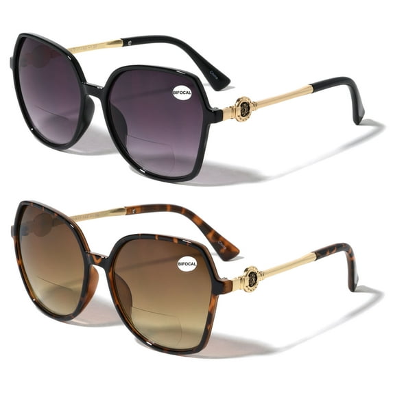 2 Pairs Oversized Women Bifocal Reading Sunglasses Reader Glasses Butterfly Metal Temple Lion Head +1.50