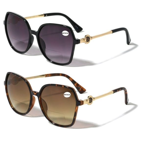 2 Pairs Oversized Women Bifocal Reading Sunglasses Reader Glasses Butterfly Metal Temple Lion Head +1.50