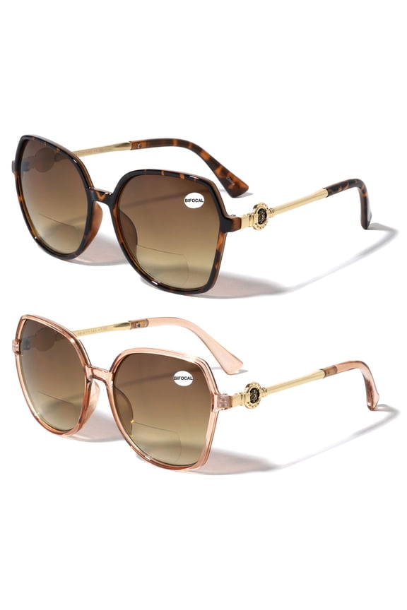 2 Pairs Oversized Women Bifocal Reading Sunglasses Reader Glasses Butterfly Metal Temple Lion Head +1.50