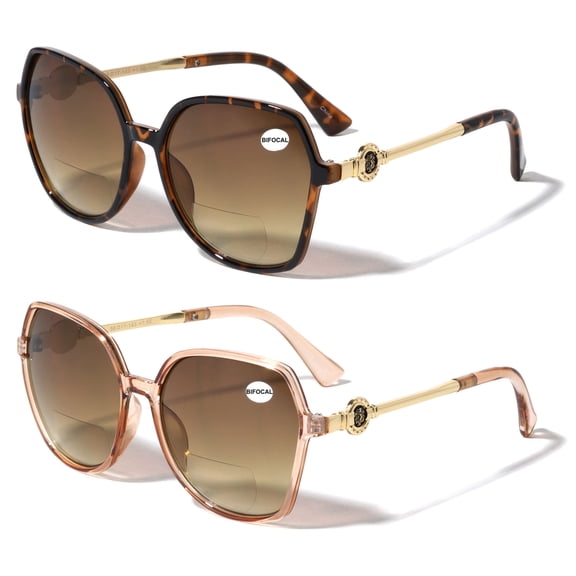 2 Pairs Oversized Women Bifocal Reading Sunglasses Reader Glasses Butterfly Metal Temple Lion Head +1.75