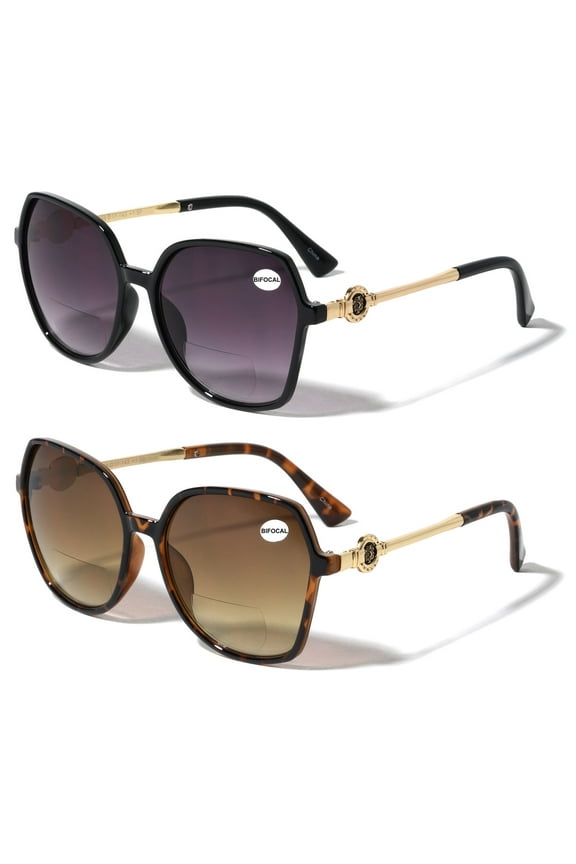2 Pairs Oversized Women Bifocal Reading Sunglasses Reader Glasses Butterfly Metal Temple Lion Head +2.50