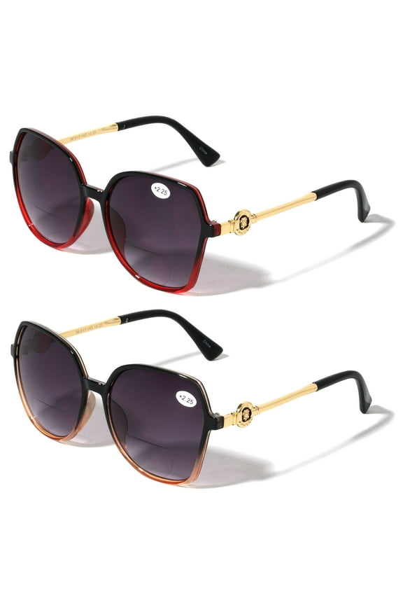 2 Pairs Oversized Women Bifocal Reading Sunglasses Reader Glasses Butterfly Metal Temple Lion Head +2.50
