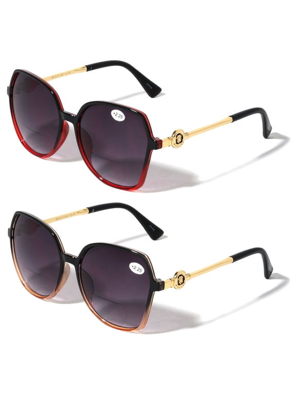 2 Pairs Oversized Women Bifocal Reading Sunglasses Reader Glasses Butterfly Metal Temple Lion Head +2.50