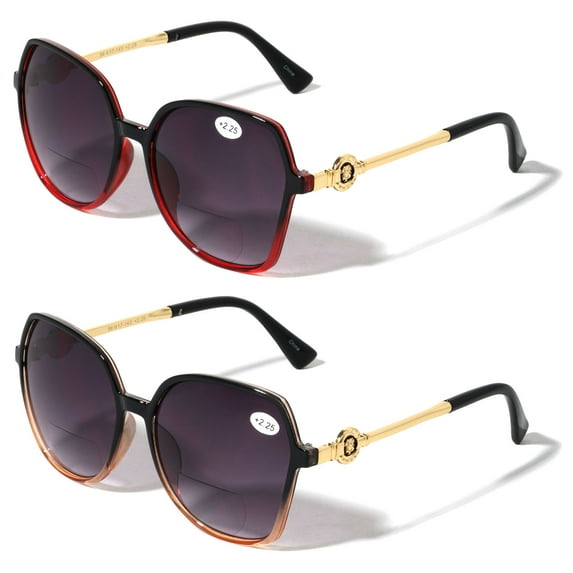 2 Pairs Oversized Women Bifocal Reading Sunglasses Reader Glasses Butterfly Metal Temple Lion Head +2.75