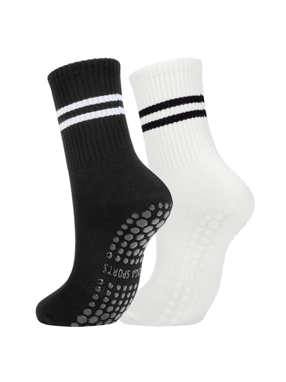 2 Pairs Pilates Socks with Grips, Women's Non Slip Yoga Socks for Ballet, Dance, Workouts & Hospital(Black/White)
