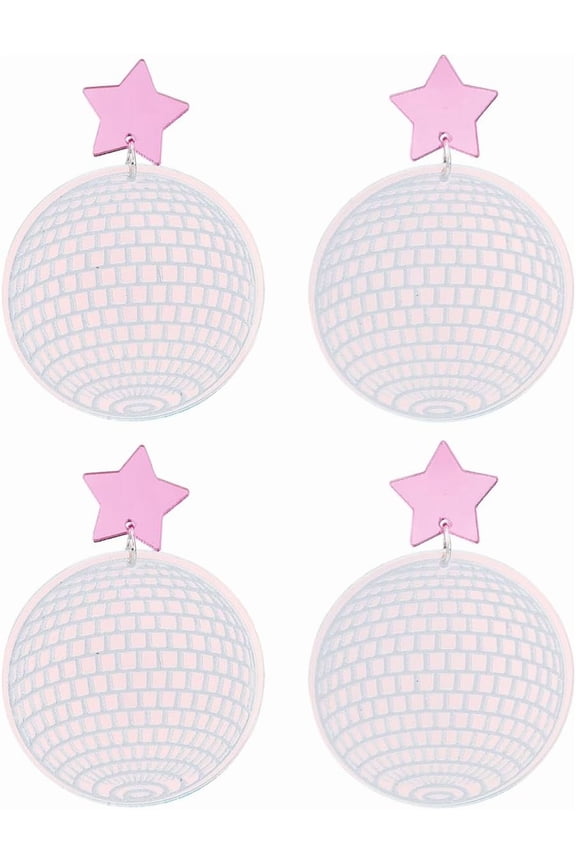 2 Pairs Pink Shining Mirror Ball Disco Dangle Earrings 55x40mm Disco Ball Acrylic Dangle Stud Earrings Flat Round with Star Stud Earrings for Jewelry Gift Earring Supplies Pink