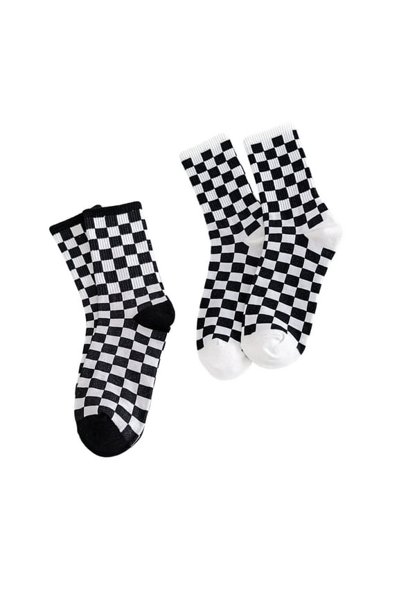 2Pairs Black White Plaid Warm Socks Breathable Cotton Mid Calf Length Socks