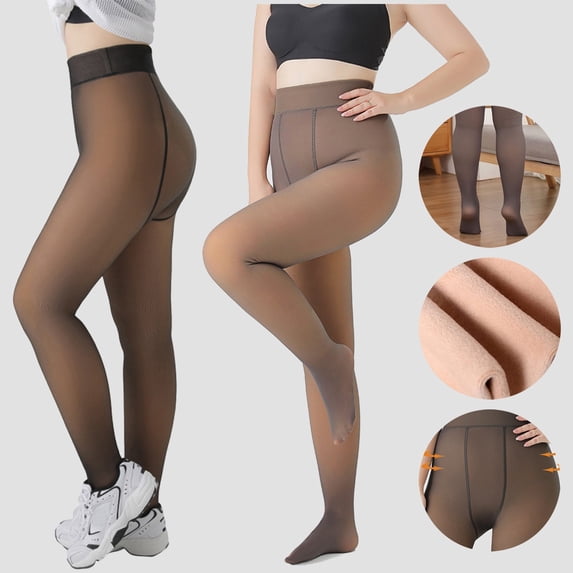 2 Pairs Plus Size 80g Pantyhose for Women, Faux Sheer Opaque Tights, Slimming Warm Fleece Lined Leggings for Daily, Winter, Casual Wear-Black+Black