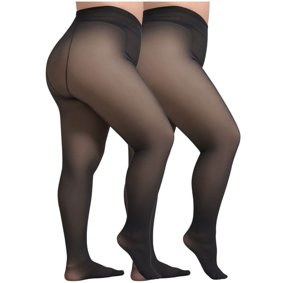 2 Pairs Plus Size Women Fleece Lined Tights Fake Translucent Leggings High Waist Pantyhose Fake Sheer Thick Warm Tights