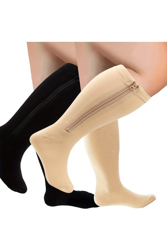2 Pairs Plus Size Zippered Compression Socks for Men & Women - Extra Wide Calf Support, Knee-High Stockings for Running & Cycling, 2XL-4XL