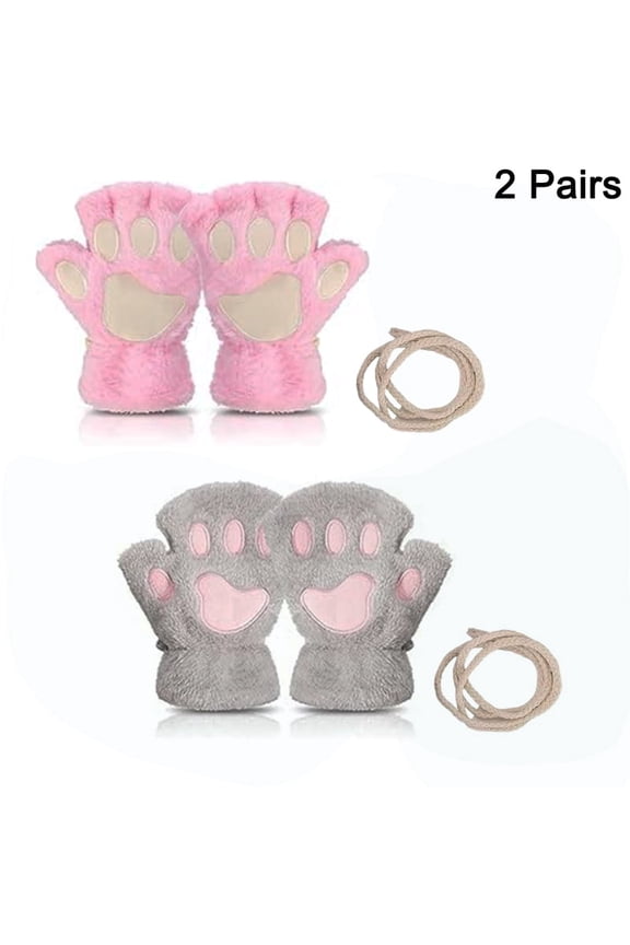 2 Pairs Plush Cat Paw Gloves ,Winter Fingerless Halloween Cosplay Costume Mittens Accessories for Adult