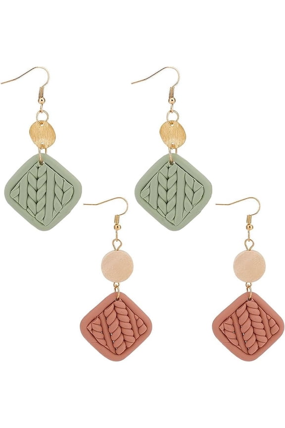 2 Pairs Polymer Clay Dangle Earrings Lightweight Rhombus Polymer Earring Colorful Ceramic Drop Earrings Dainty Christmas Birthday Gifts for Woman
