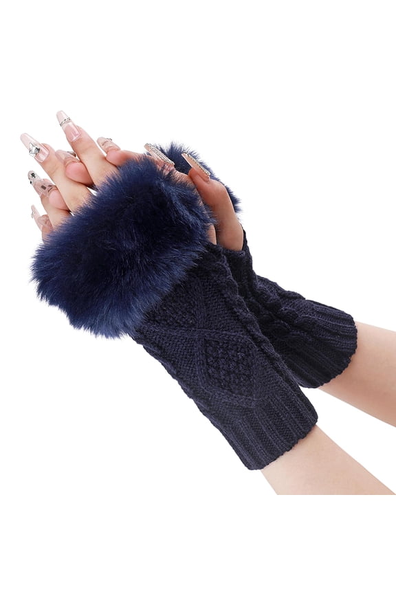 2 Pairs Prussian Blue Furry Fingerless Gloves Arm Warmers Fluffy Winter Knitting Soft Thumb Hole with Fur Hand Wrist Warmer Knit