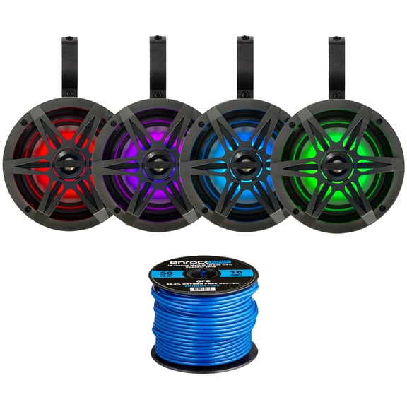 2 Pairs (QTY 4) of Enrock 6.5" 120 Watt Peak Power 2-Way Marine Audio Charcoal Boat Speakers with MultiColor RGB LED Lighting, 4x 6.5" Black Unloaded Speaker Pods, 50ft Wire