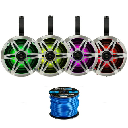 2 Pairs (QTY 4) of Enrock 6.5" 120 Watt Peak Power 2-Way Marine Audio White Boat Speakers with MultiColor RGB LED Lighting, 4x 6.5" Black Unloaded Speaker Pods, 50ft Wire