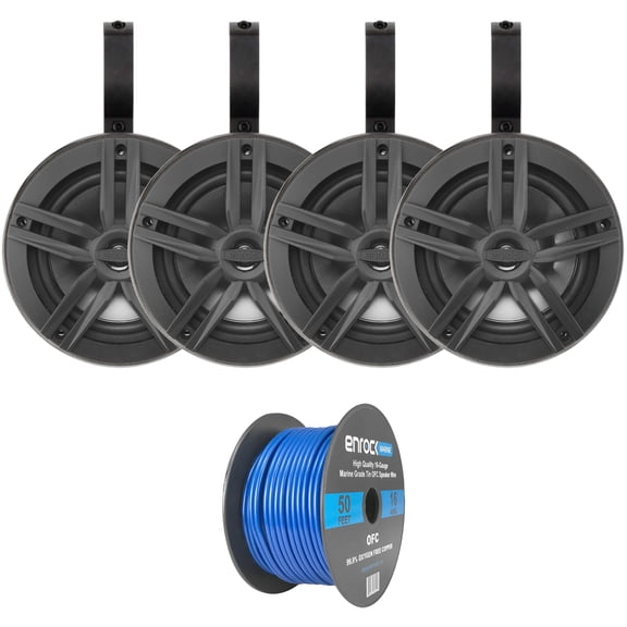 2 Pairs (QTY 4) of Enrock 6.5" 180 Watt Peak Power 2-Way Marine Audio Black Boat Speakers Bundle Combo with (QTY 4) 6.5" Black Unloaded Speaker Pods, 50ft Wire