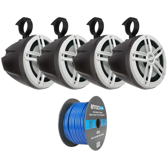 2 Pairs (QTY 4) of Enrock 6.5" 180 Watt Peak Power 2-Way Marine Audio White Boat Speakers Bundle Combo with (QTY 4) 6.5" Black Unloaded Speaker Pods, 50ft Wire