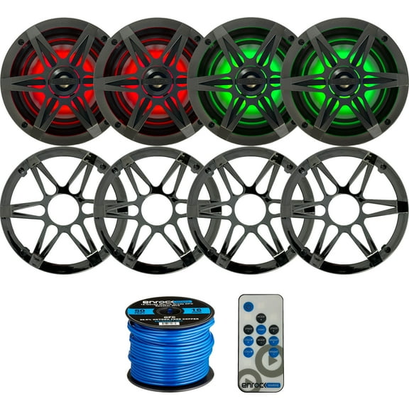 2 Pairs (QTY 4) of Enrock Marine 6.5" 120 Watt Peak Power Waterproof 2-Way Coaxial Speakers with MultiColor LED Lighting - Bundle Combo with Chrome/Charcoal Grilles and 50Ft 16-Gauge Speaker Wire