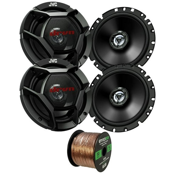 2 Pairs (QTY 4) of JVC CS-DR1721 drvn DR 6.75" 300 Watts Max Power Shallow-Mount Coaxial Car Audio Speakers Bundle Combo with 16 AWG Gauge 50 Feet Speaker Wire Cable