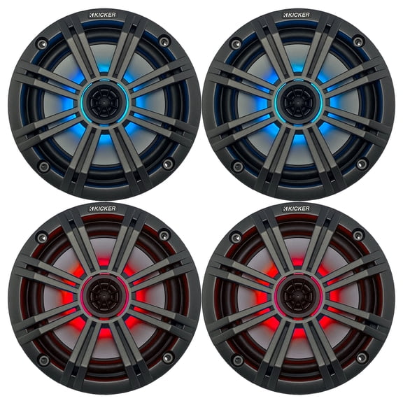 2 Pairs (QTY 4) of Kicker 8" OEM Marine Coaxial Charcoal Speakers with MultiColor LED Lighting (Factory Reconditioned)