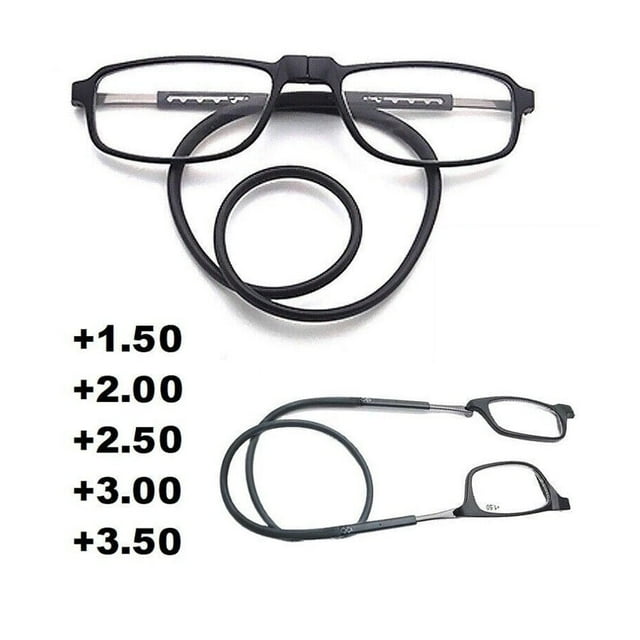 2 Pairs Reading Glasses Hanging Folding Magnetic Front Click Connect Neck Readers Lightweight Eyeglasses for Men and Women 2.0,2,Black,Adult,Square,-2.0