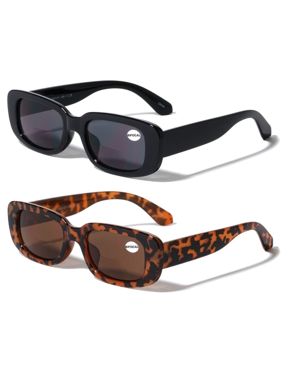 2 Pairs Rectangle Bifocal Sunglasses Reader for Women Retro Fashion Bold UV 400 Protection Outdoor Reading Glasses +1.50