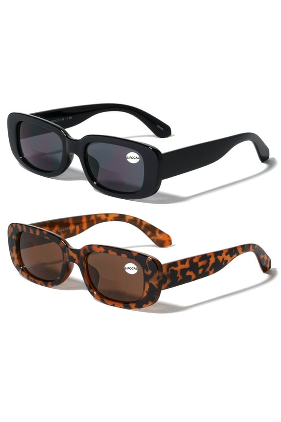 2 Pairs Rectangle Bifocal Sunglasses Reader for Women Retro Fashion Bold UV 400 Protection Outdoor Reading Glasses +3.00